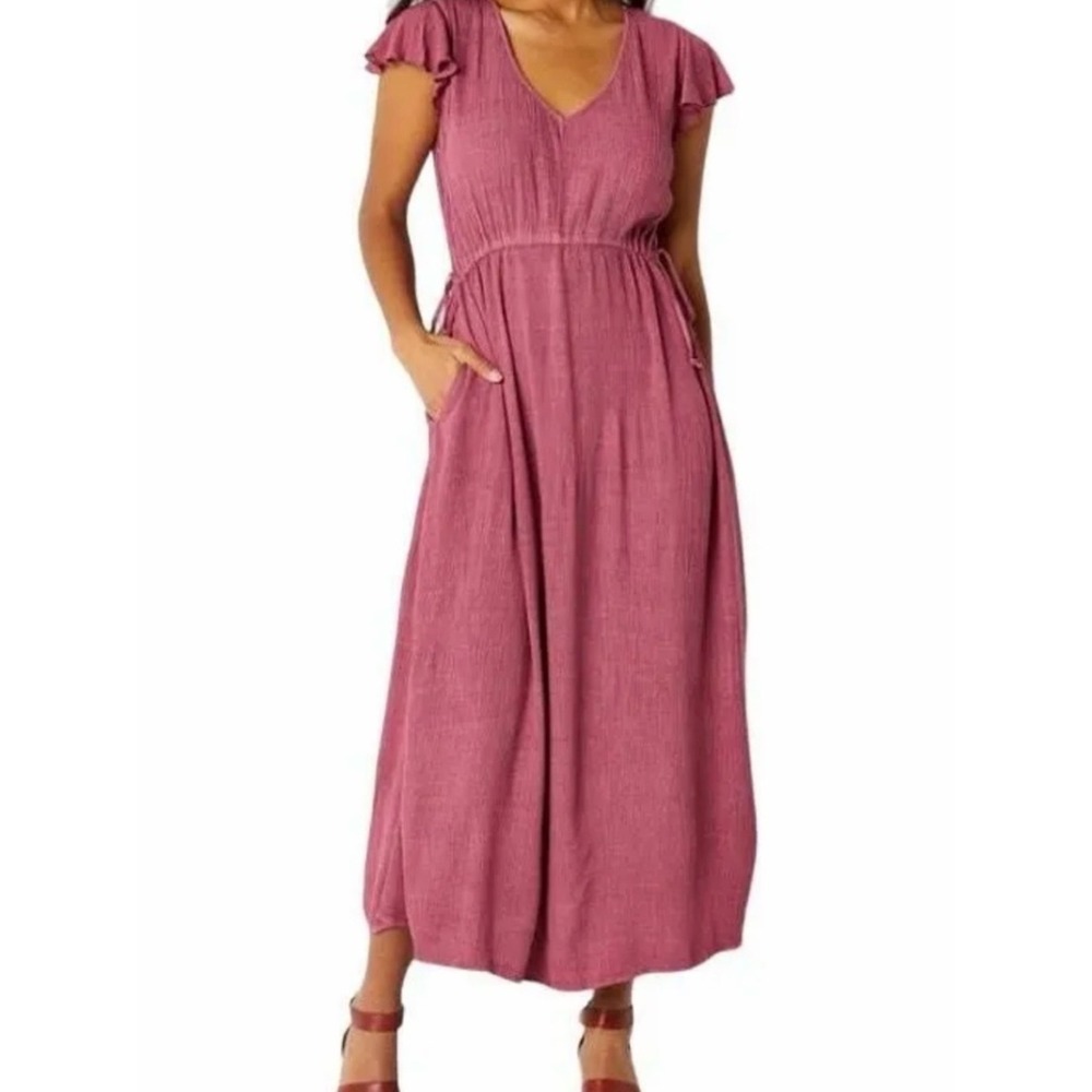 Frye and Co Maxi Dress Womens Small Mauve Flutter Sleeve Boho Rayon Pockets